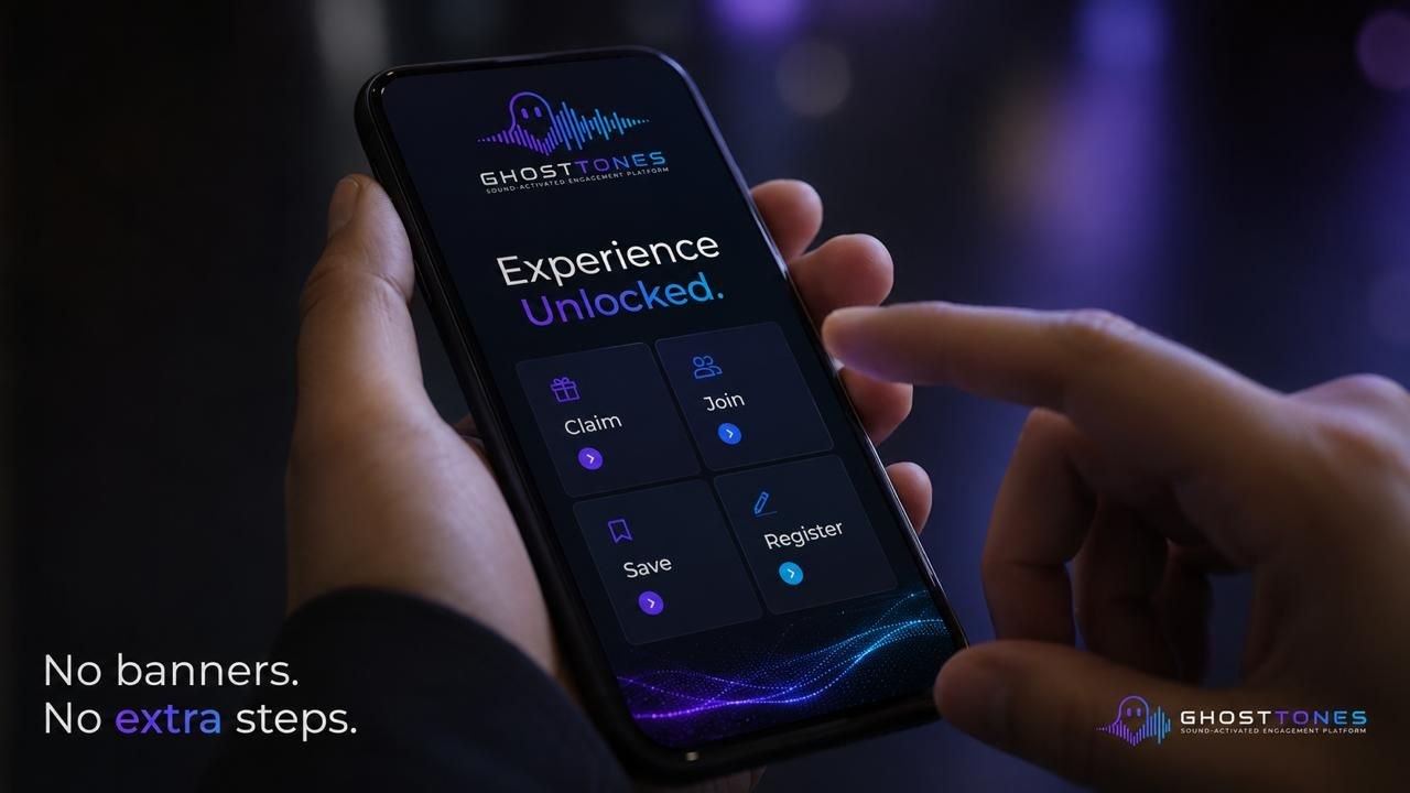 GhostTones mobile experience unlocked with buttons to claim, join, save, and register.