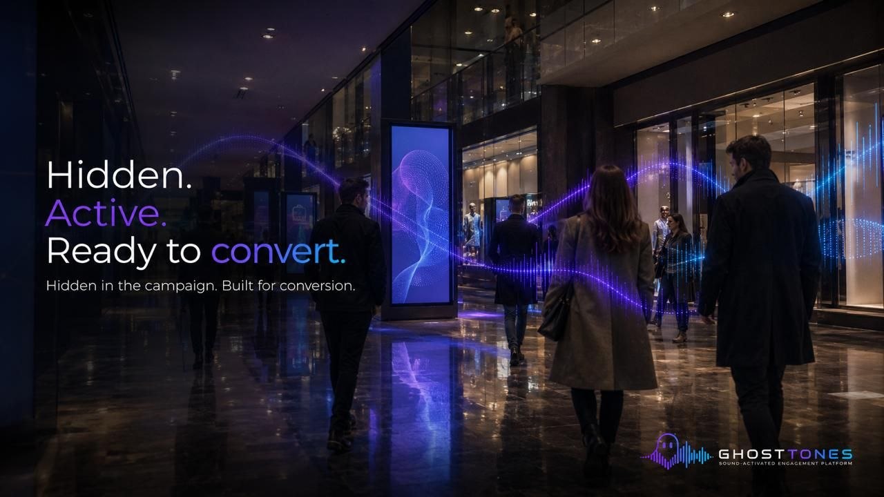Retail corridor with sound wave and headline Hidden. Active. Ready to convert.