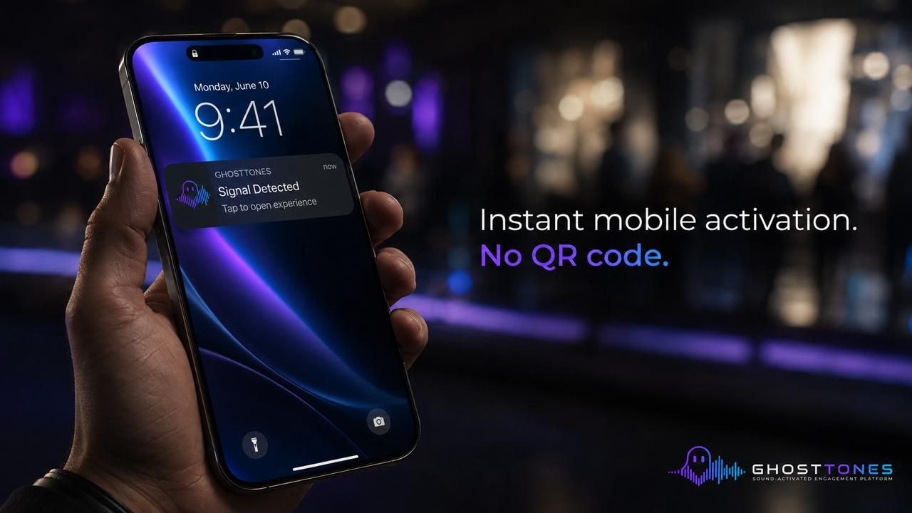 Phone notification showing GhostTones signal detected with headline Instant mobile activation. No QR code.
