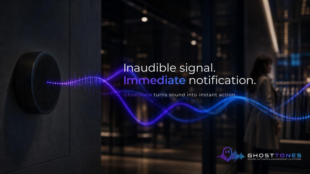 Speaker emitting inaudible GhostTone signal with immediate notification headline.